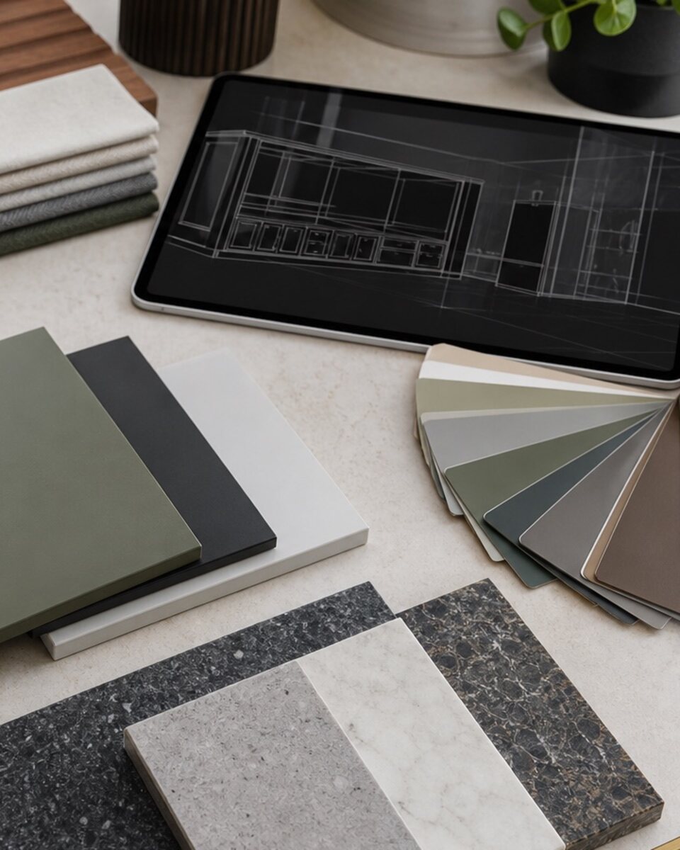 CAD drawing displayed on tablet beside material samples
